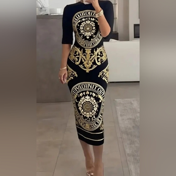 Source Unknown Dresses & Skirts - Stylish Black And Golden Baroque Totem Print Dress XXL 3/4 Sleeves